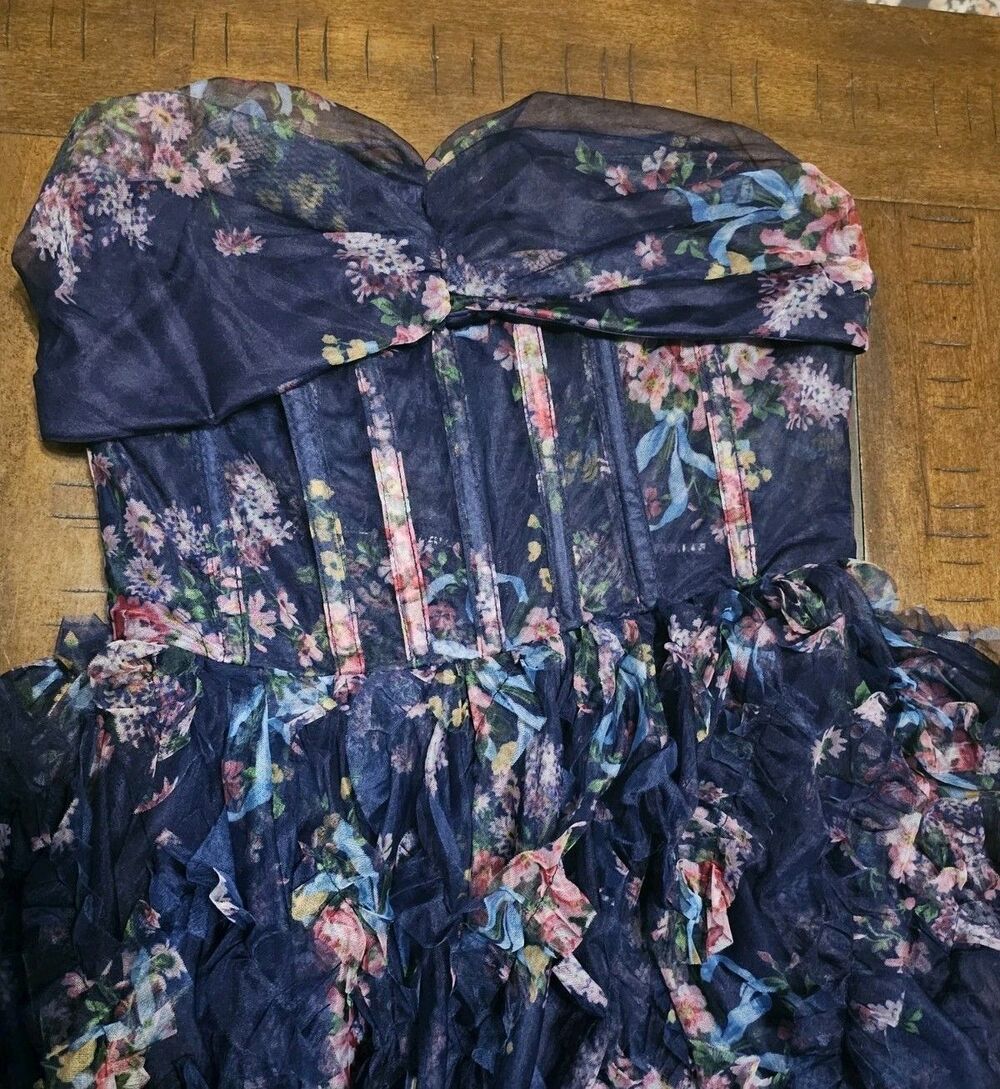 LULUS Stunning Element Navy Floral Mesh Ruffled Strapless Maxi Dress Size Small - Picture 12 of 13